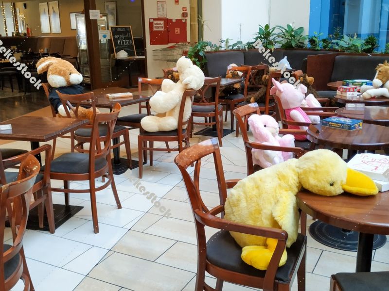 Instead of guests, plush figures sit at tables in the cafe durin