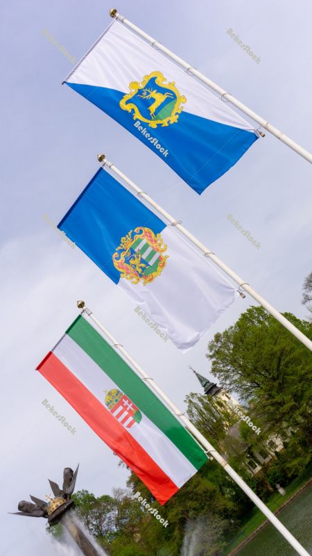 The flag of Hungary, the flag of Békés county and the flag of The flag of Hungary, the flag of Békés county and the flag of