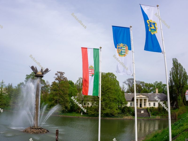 The flag of Hungary, the flag of Békés county and the flag of  The flag of Hungary, the flag of Békés county and the flag of