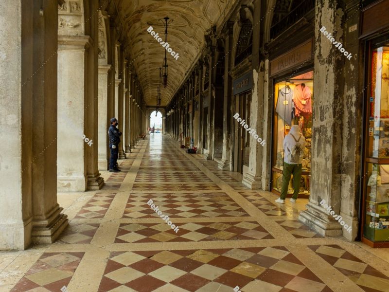 Deserted arcade on St. Mark's Square in Venice during the corona Deserted arcade on St. Mark's Square in Venice during the corona