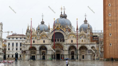 Deserted, rainy St. Mark's Square in Venice during the coronavir Deserted, rainy St. Mark's Square in Venice during the coronavir