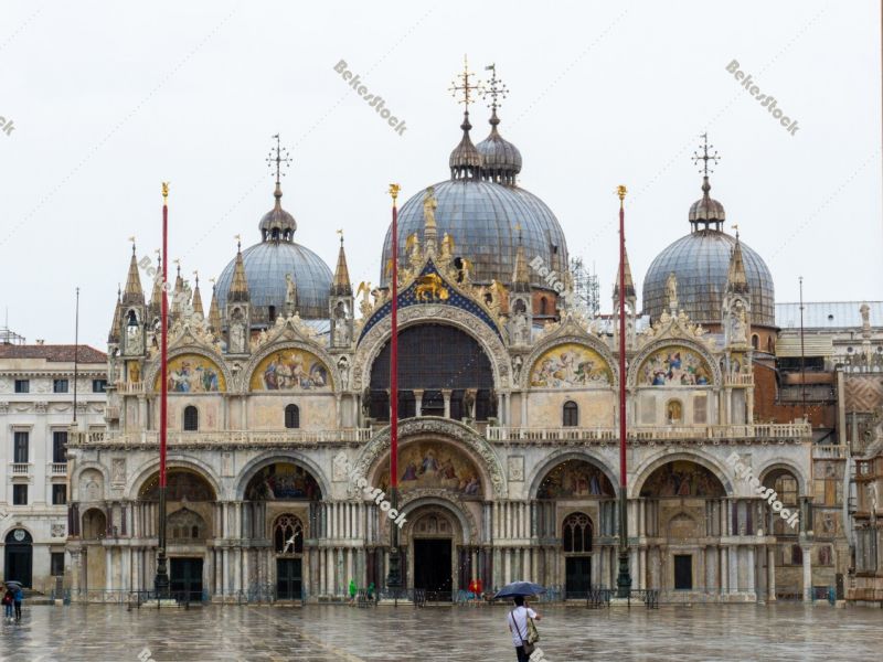 Deserted, rainy St. Mark's Square in Venice during the coronavir Deserted, rainy St. Mark's Square in Venice during the coronavir