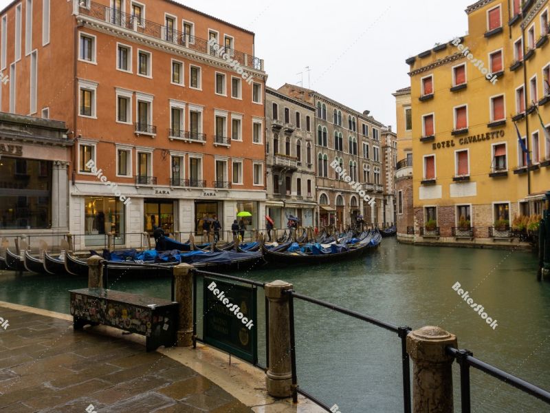 Deserted, rainy Bacino Orseolo in Venice during the coronavirus  Deserted, rainy Bacino Orseolo in Venice during the coronavirus