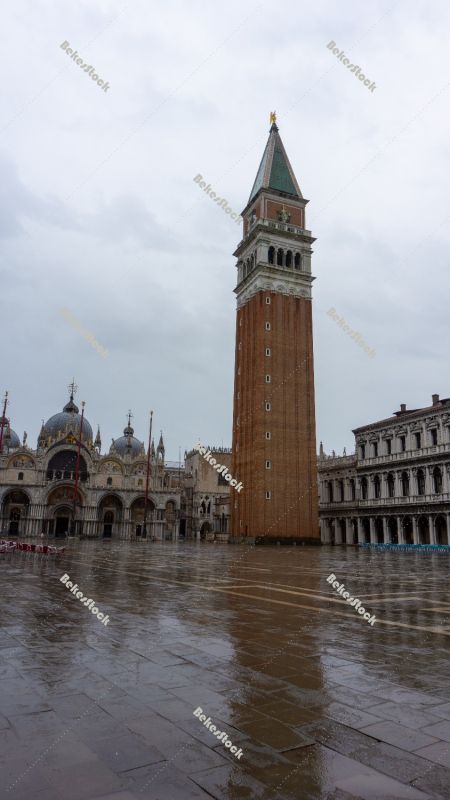 Deserted, rainy St. Mark's Square in Venice during the coronavir Deserted, rainy St. Mark's Square in Venice during the coronavir
