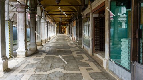 Deserted arcade on St. Mark's Square in Venice during the corona Deserted arcade on St. Mark's Square in Venice during the corona