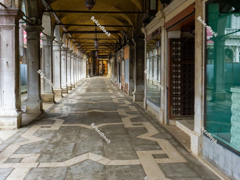 Deserted arcade on St. Mark's Square in Venice during the corona Deserted arcade on St. Mark's Square in Venice during the corona