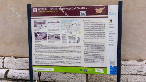 Information board - The Muda city gate (`Vrata Muda`). Koper, Sl Information board - The Muda city gate (`Vrata Muda`). Koper, Sl
