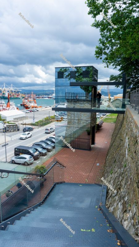 Panoramic glass elevator in the port of Koper. Koper (`Capodistr Panoramic glass elevator in the port of Koper. Koper (`Capodistr