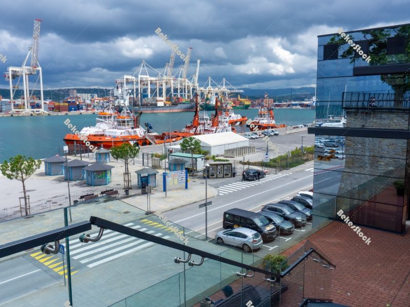 Panoramic glass elevator in the port of Koper. Koper (`Capodistr Panoramic glass elevator in the port of Koper. Koper (`Capodistr