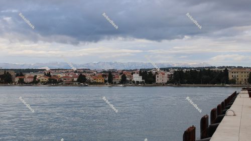 Zadar as seen from the sea with mountains in background, December 2019 Zadar as seen from the sea with mountains in background, December 2019