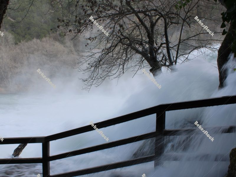 The power of water. Trees in the pouring water at the `Skradinski Buk` waterfall - Krka National Park, Lozovac, Croatia The power of water. Trees in the pouring water at the `Skradinski Buk` waterfall - Krka National Park, Lozovac, Croatia