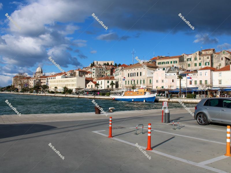 Sibenik Old Town as seen from the coast  - Croatia, Sibenik, Dec Sibenik Old Town as seen from the coast  - Croatia, Sibenik, Dec